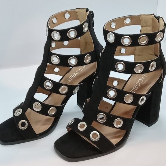 Block Heeled Black Boots with Attractive, Unique, Silver Grommets - Picture 1 of 3